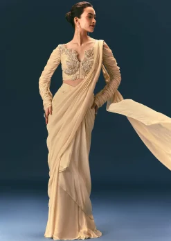 Champagne Peach Embroidered Readymade Saree With 3D Applique Blouse
