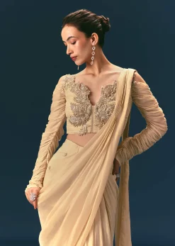 Champagne Peach Embroidered Readymade Saree With 3D Applique Blouse