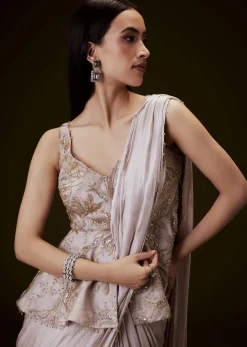 Champion Peach Sequence Embroidered Peplum Top With Saree
