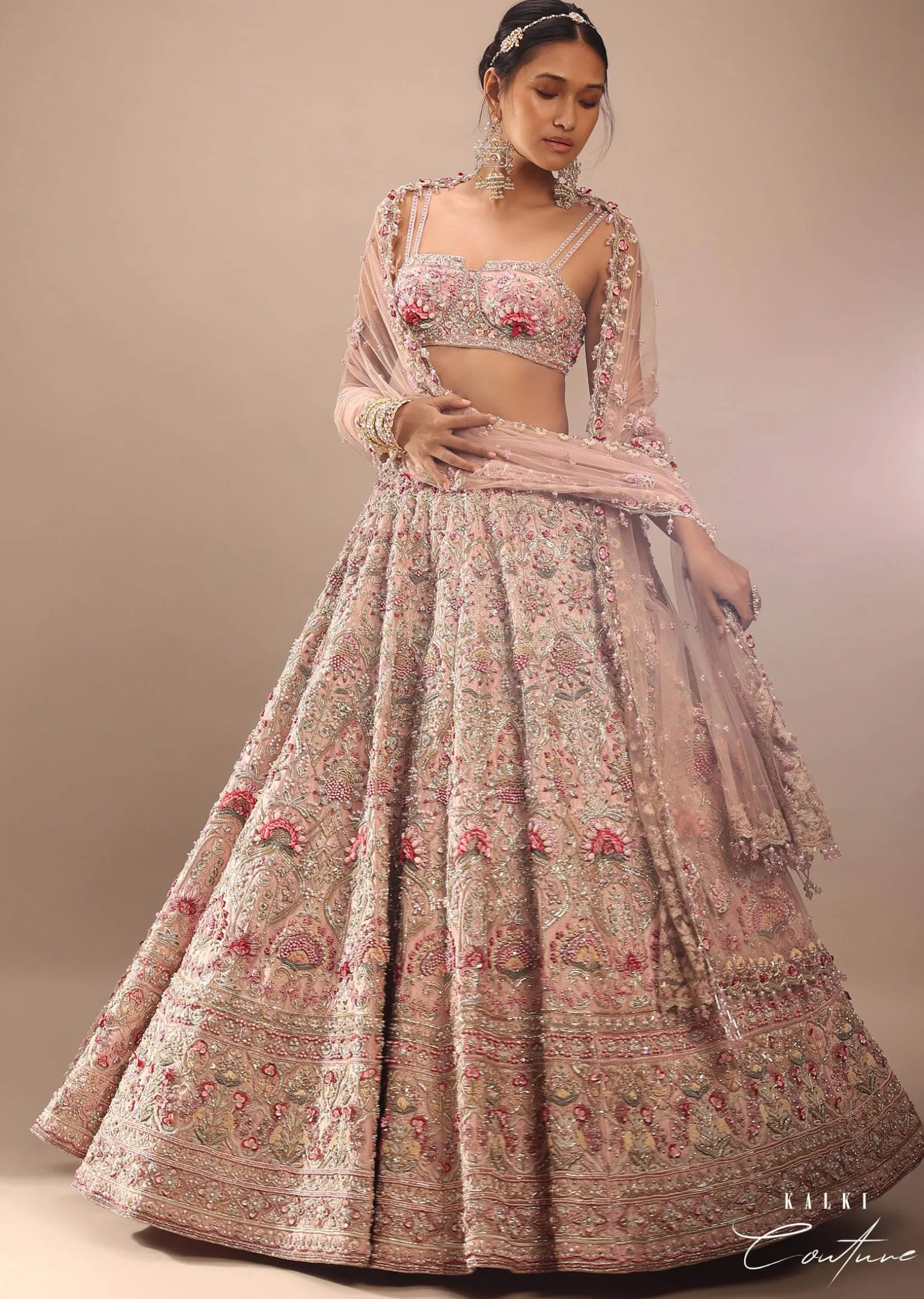Charm Pink Rumi Lehenga Set With Matching Crop Top In 3D Flower Motifs And Abla Embroidery