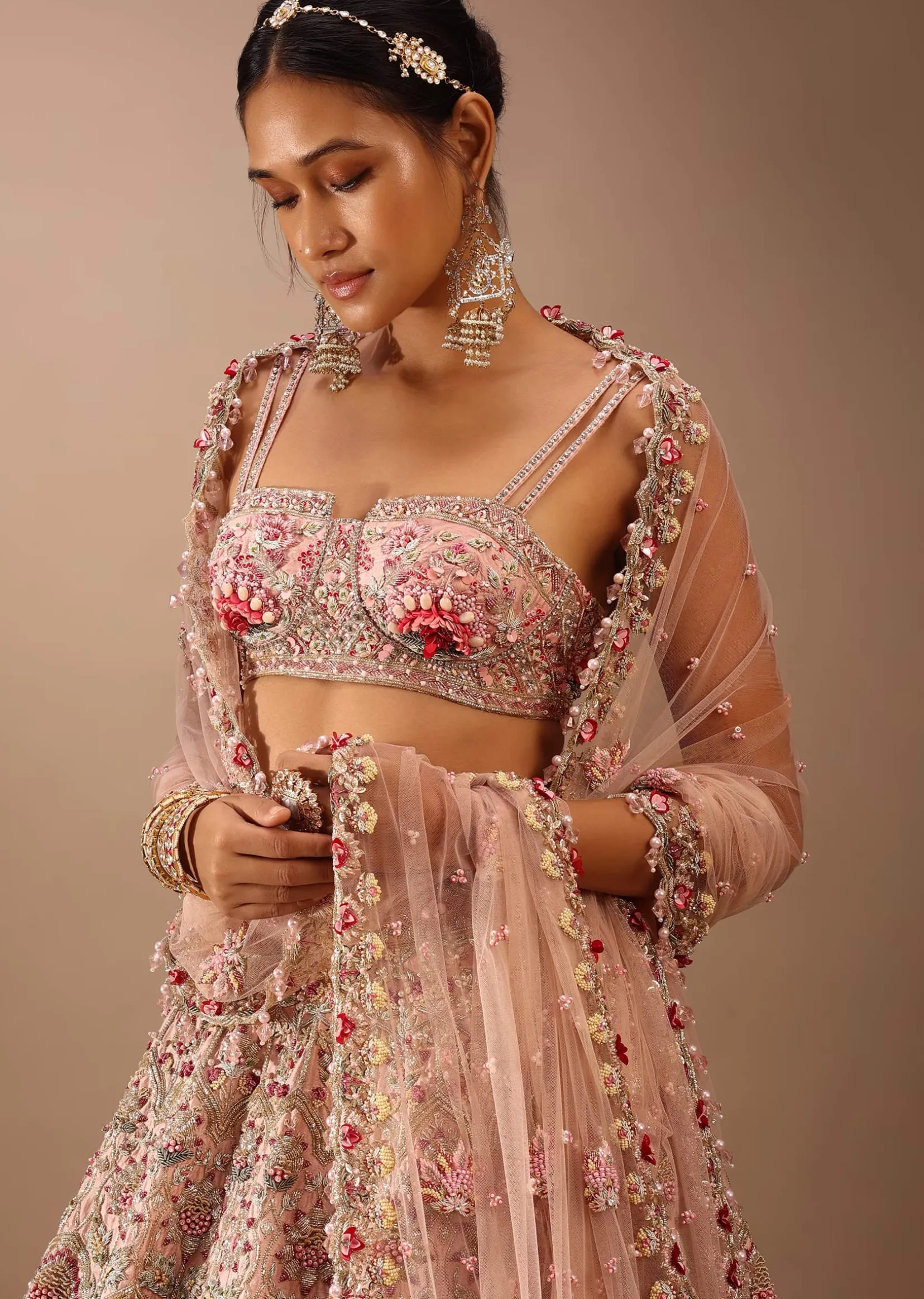 Charm Pink Rumi Lehenga Set With Matching Crop Top In 3D Flower Motifs And Abla Embroidery