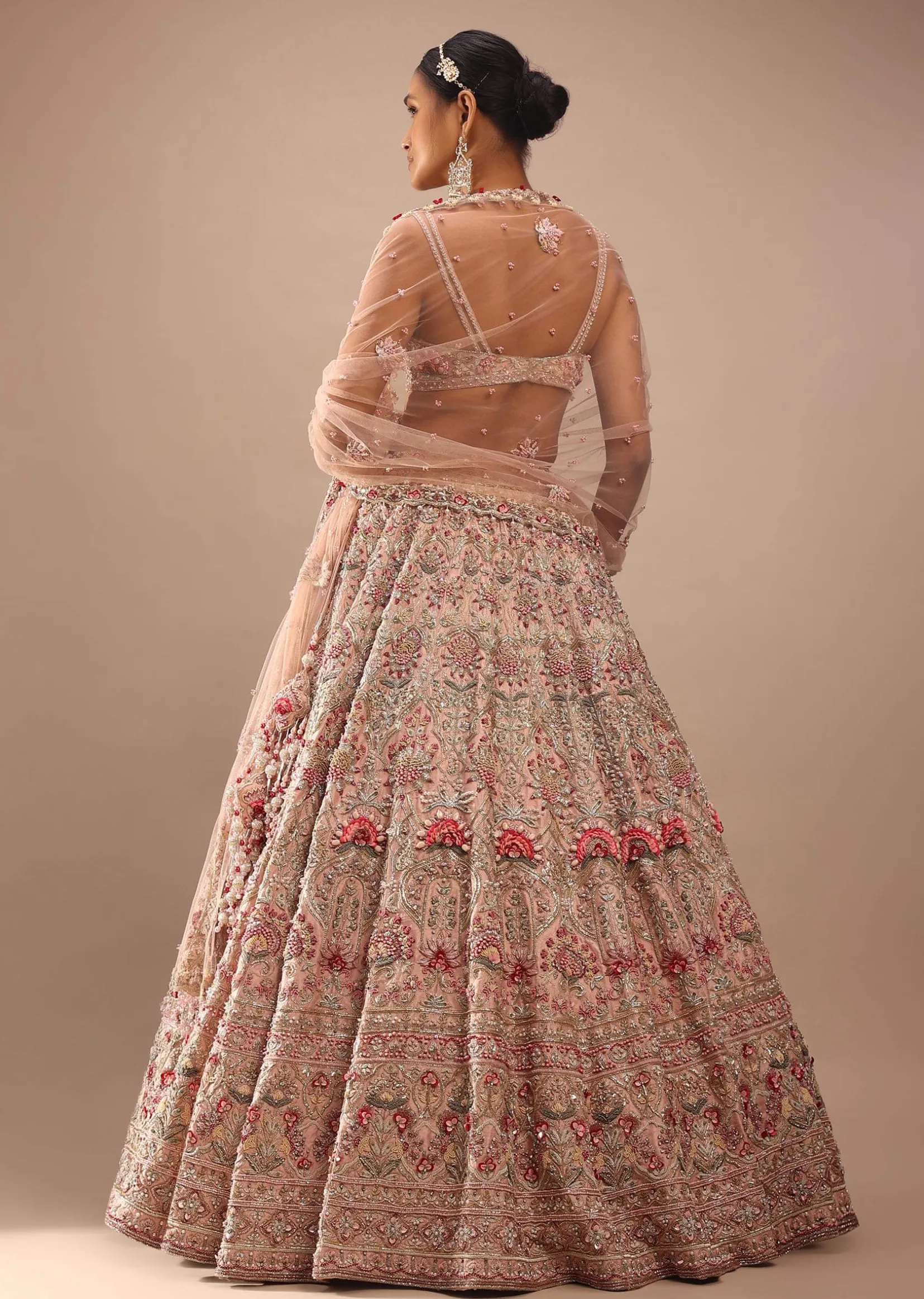Charm Pink Rumi Lehenga Set With Matching Crop Top In 3D Flower Motifs And Abla Embroidery