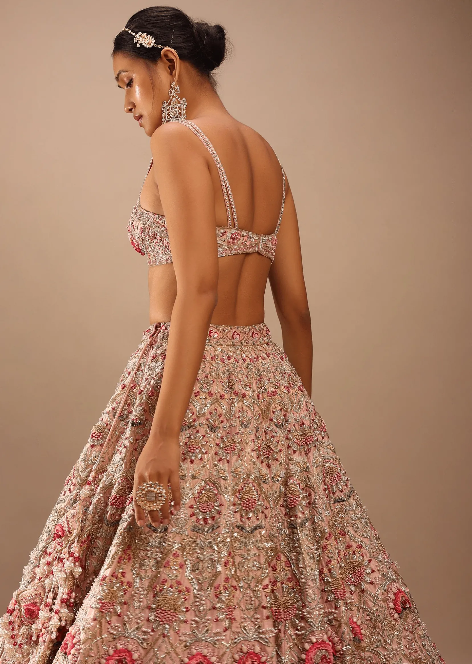 Charm Pink Rumi Lehenga Set With Matching Crop Top In 3D Flower Motifs And Abla Embroidery
