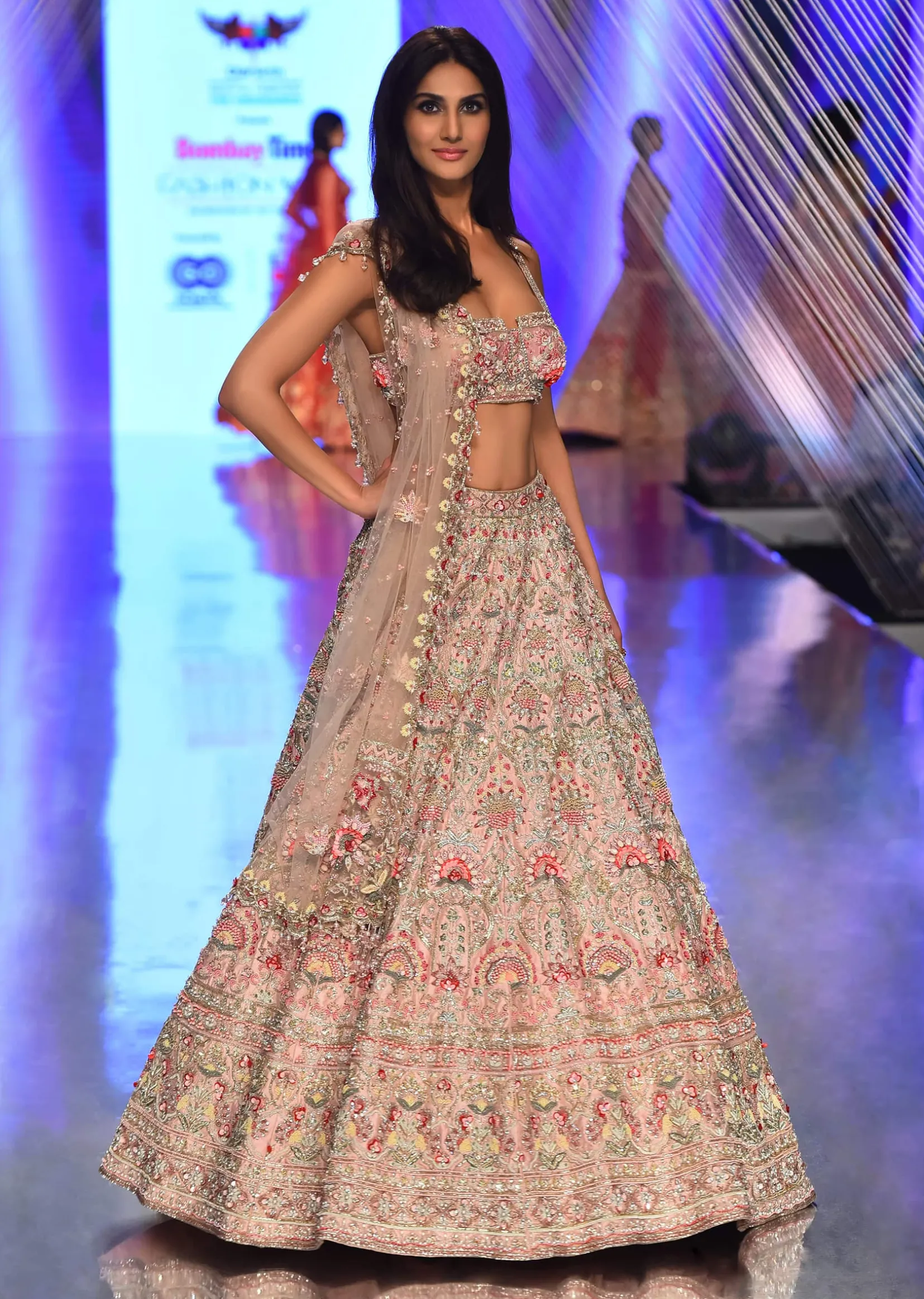 Charm Pink Rumi Lehenga Set With Matching Crop Top In 3D Flower Motifs And Abla Embroidery