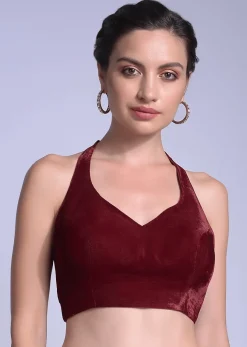 Cherry Red Blouse In Velvet With Halter Straps And Sweetheart Neckline