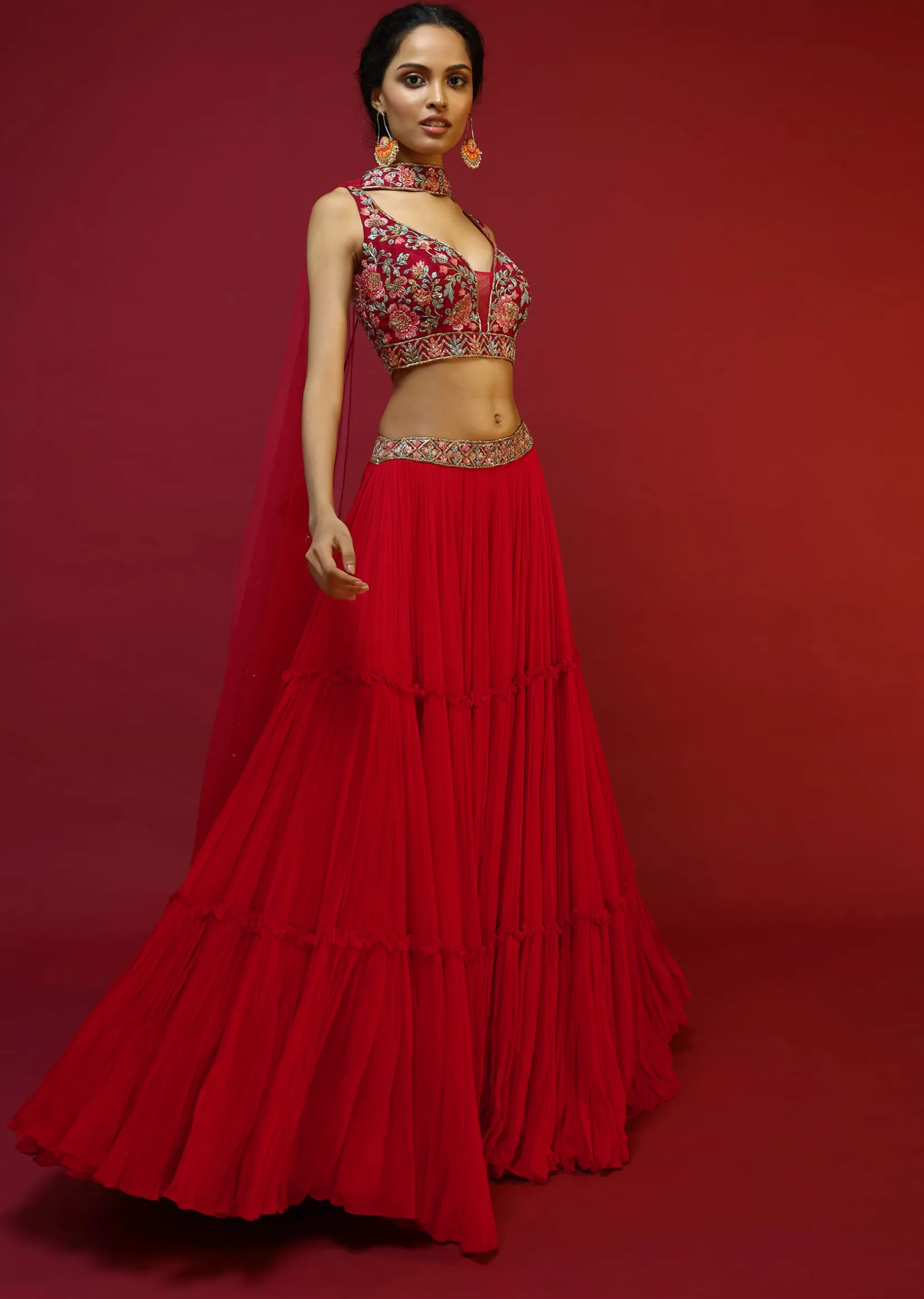 Cherry Red Gathered Lehenga Choli With Hand Embroidered Multi Colored Resham And Sequins Work In Floral Jaal Design