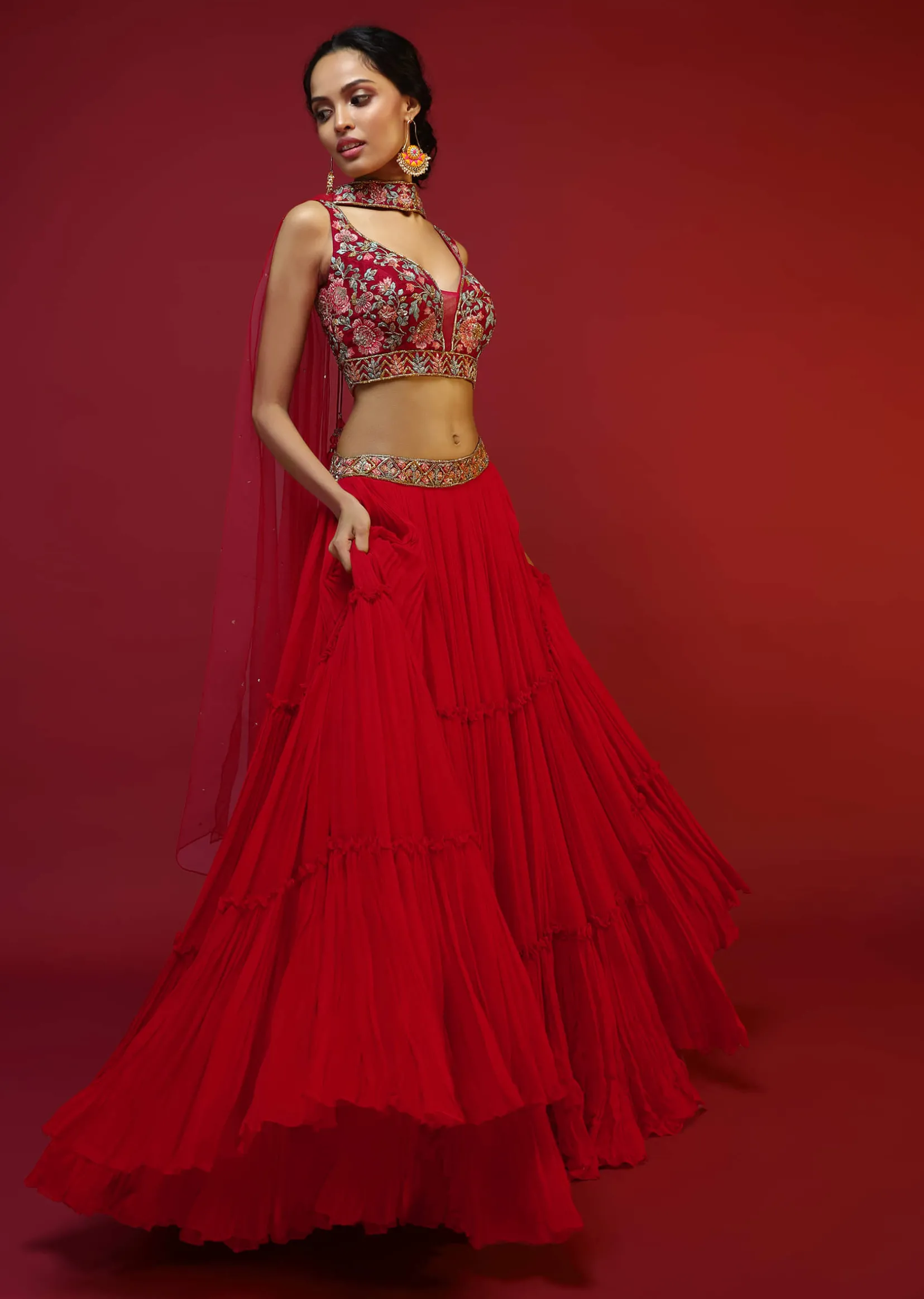 Cherry Red Gathered Lehenga Choli With Hand Embroidered Multi Colored Resham And Sequins Work In Floral Jaal Design