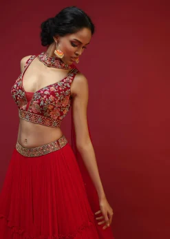 Cherry Red Gathered Lehenga Choli With Hand Embroidered Multi Colored Resham And Sequins Work In Floral Jaal Design