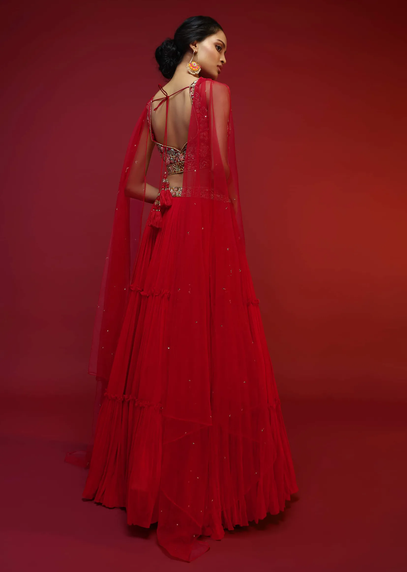 Cherry Red Gathered Lehenga Choli With Hand Embroidered Multi Colored Resham And Sequins Work In Floral Jaal Design