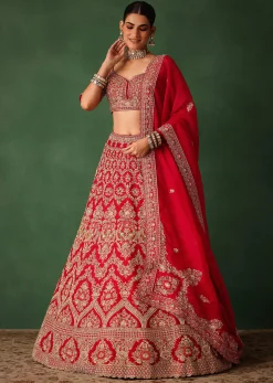 Cherry Red Hand Embroidered Raw Silk Lehenga Set With Net Dupatta