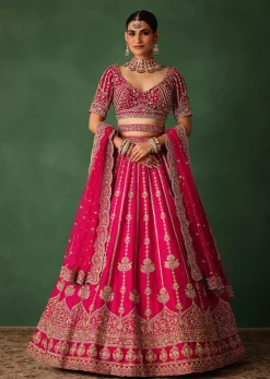 Cherry Red Hand Embroidered Raw Silk Lehenga Set With Dupatta