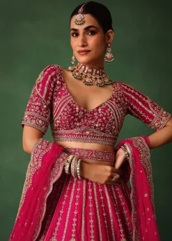 Cherry Red Hand Embroidered Raw Silk Lehenga Set With Dupatta