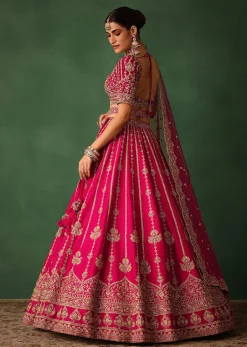 Cherry Red Hand Embroidered Raw Silk Lehenga Set With Dupatta