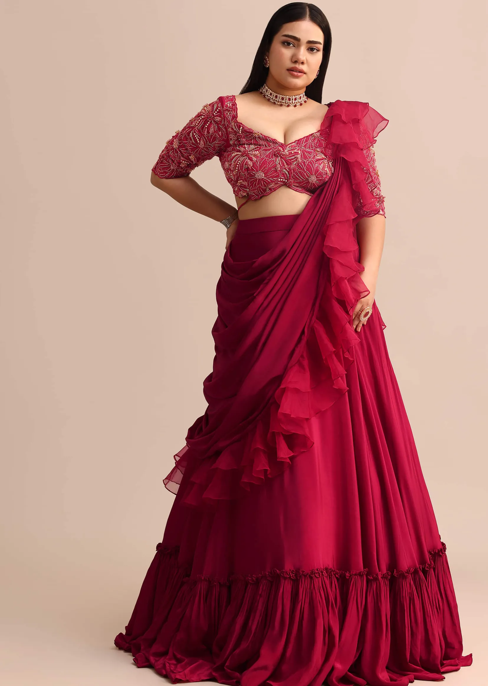 Cherry Red Lehenga With Ruffle Drape