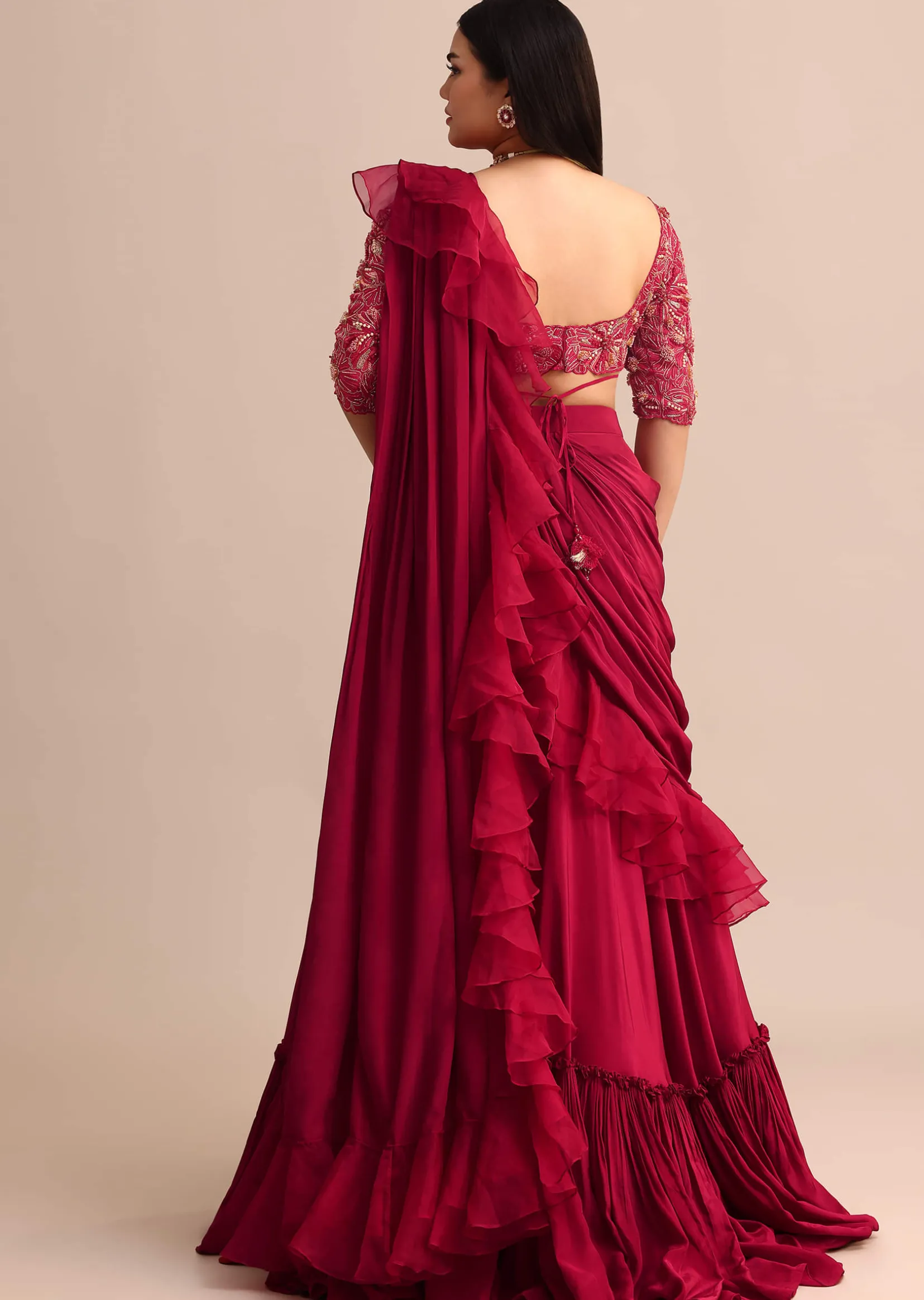 Cherry Red Lehenga With Ruffle Drape