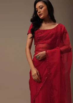 Cherry Red Organza Saree With Cut Dana And Sequins Work