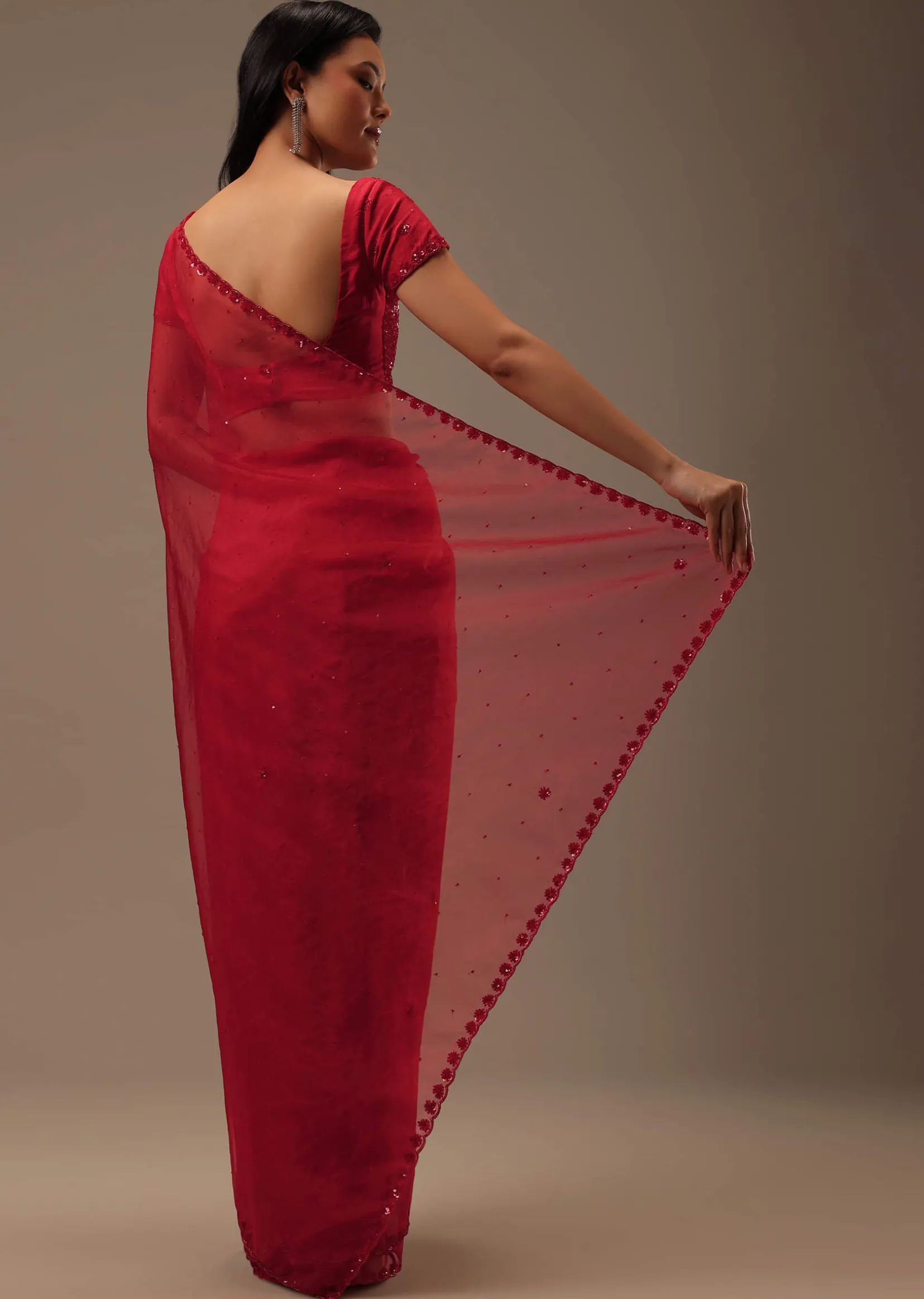 Cherry Red Organza Saree With Cut Dana And Sequins Work