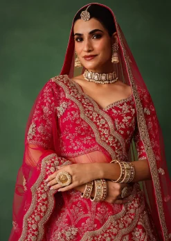 Cherry Red Raw Silk Hand Embroidered Lehenga Set With Net Dupatta