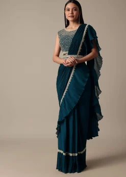 Chic Blue Readymade Saree With Ready Made Blouse