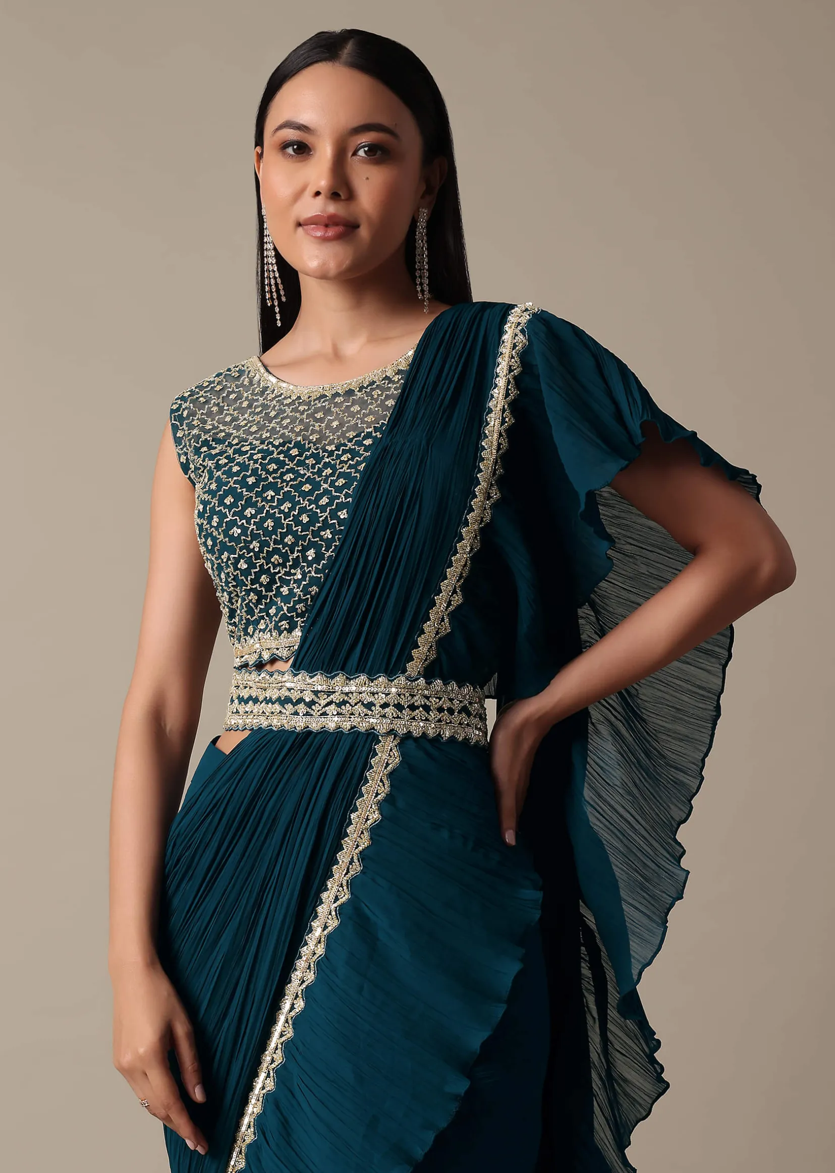 Chic Blue Readymade Saree With Ready Made Blouse