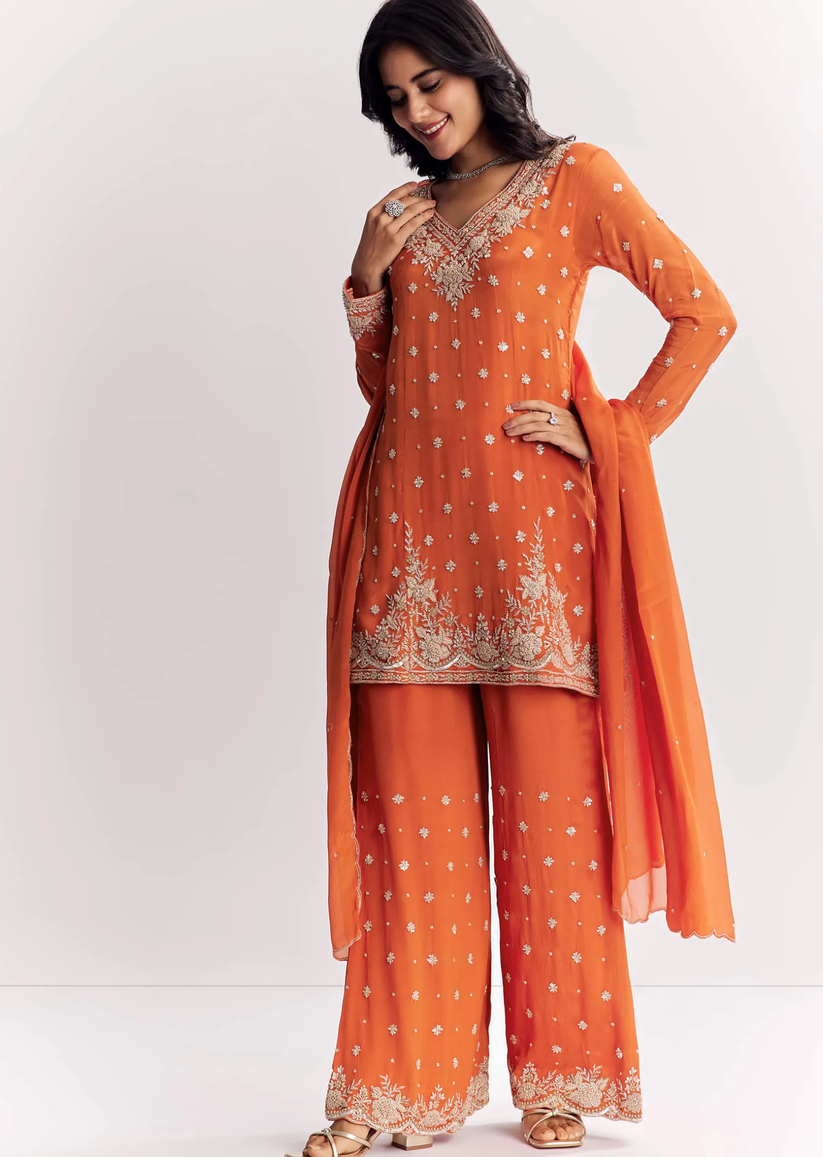 Chinon Cutdana Sequin Threadwork Kurta Palazzo Suit