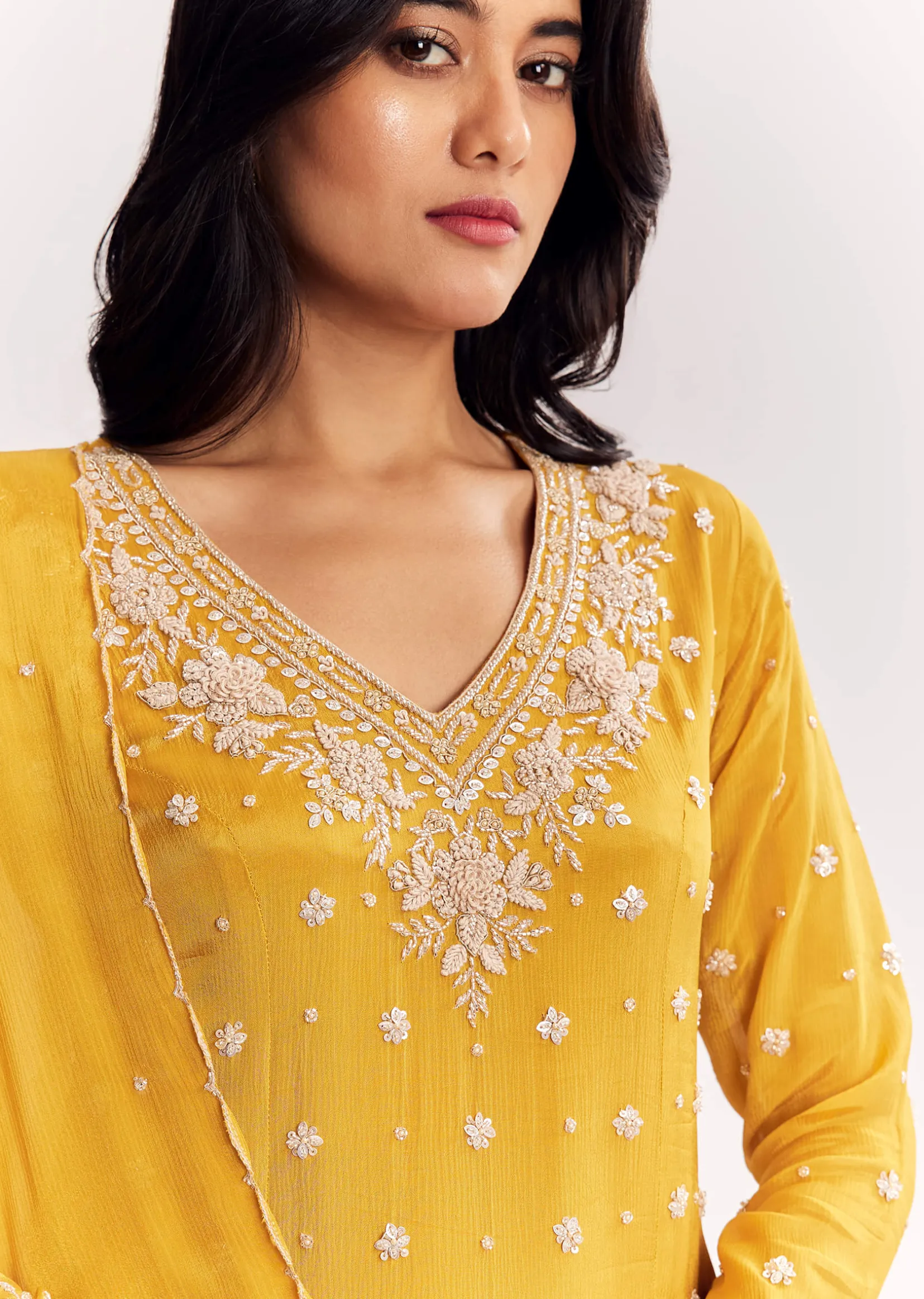 Chinon Kurta Palazzo Suit With Cutdana Sequins And Thread Work