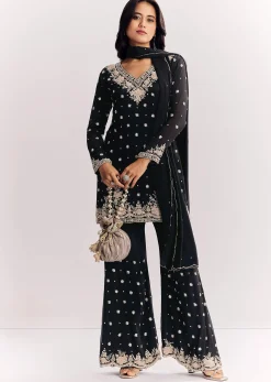 Chinon Kurta Sharara Suit With Cutdana Sequins And Thread Embroidery