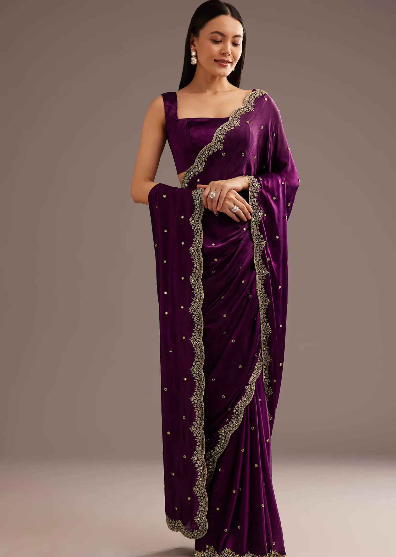 Chinon Satin Saree With Cutdana And Mirror Embellishment