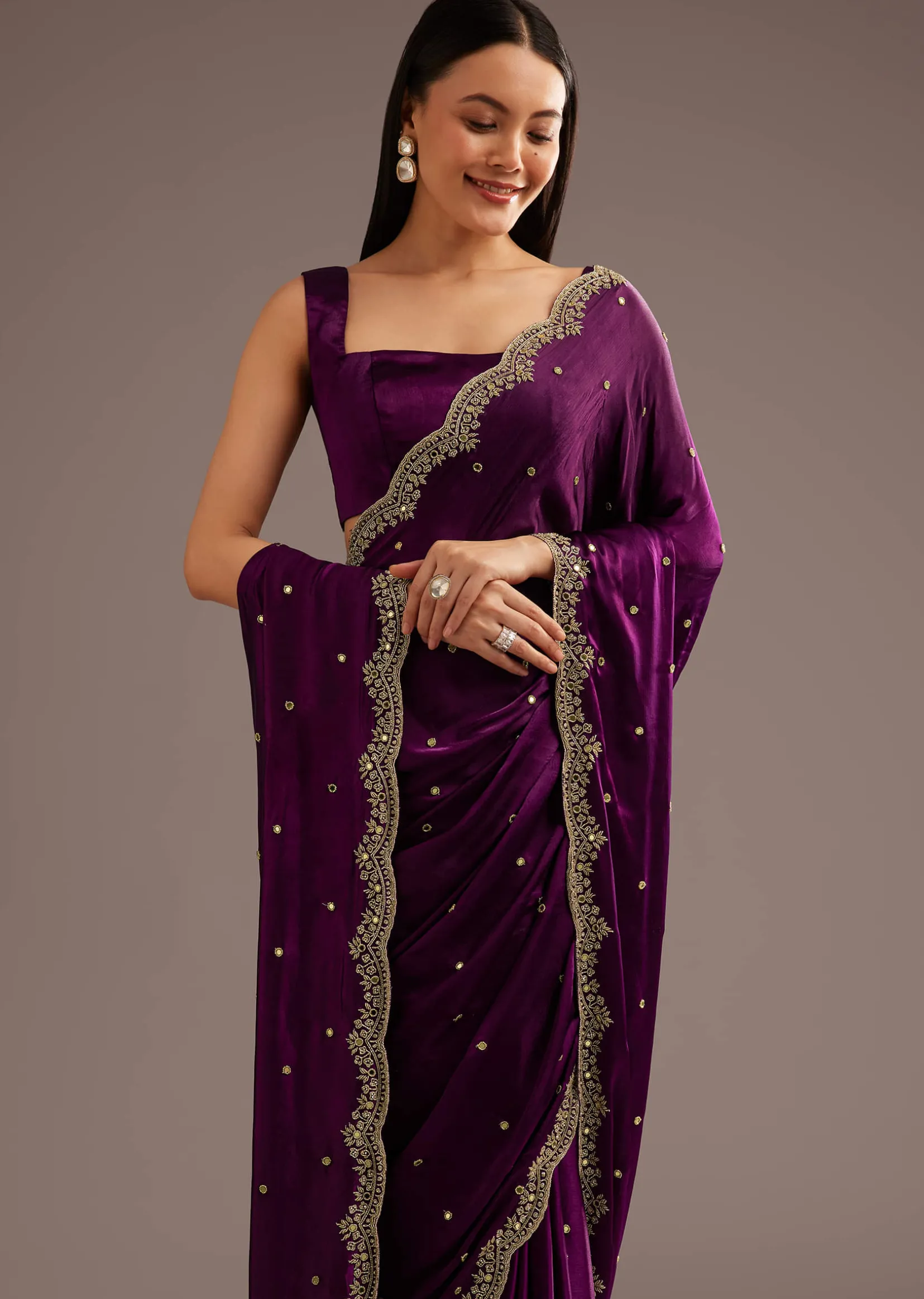 Chinon Satin Saree With Cutdana And Mirror Embellishment