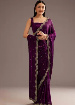 Chinon Satin Saree With Cutdana And Mirror Embellishment