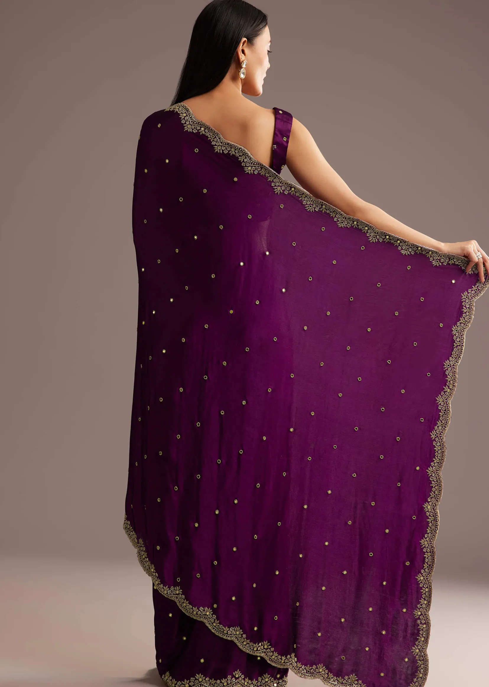 Chinon Satin Saree With Cutdana And Mirror Embellishment