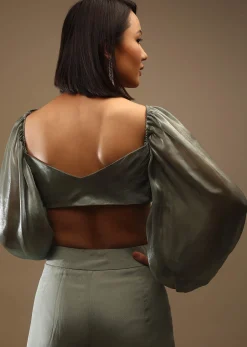 Chinos Green Bow Tie Blouse In Plunging V Neckline Bishop Sleeves, Side Zip Closure