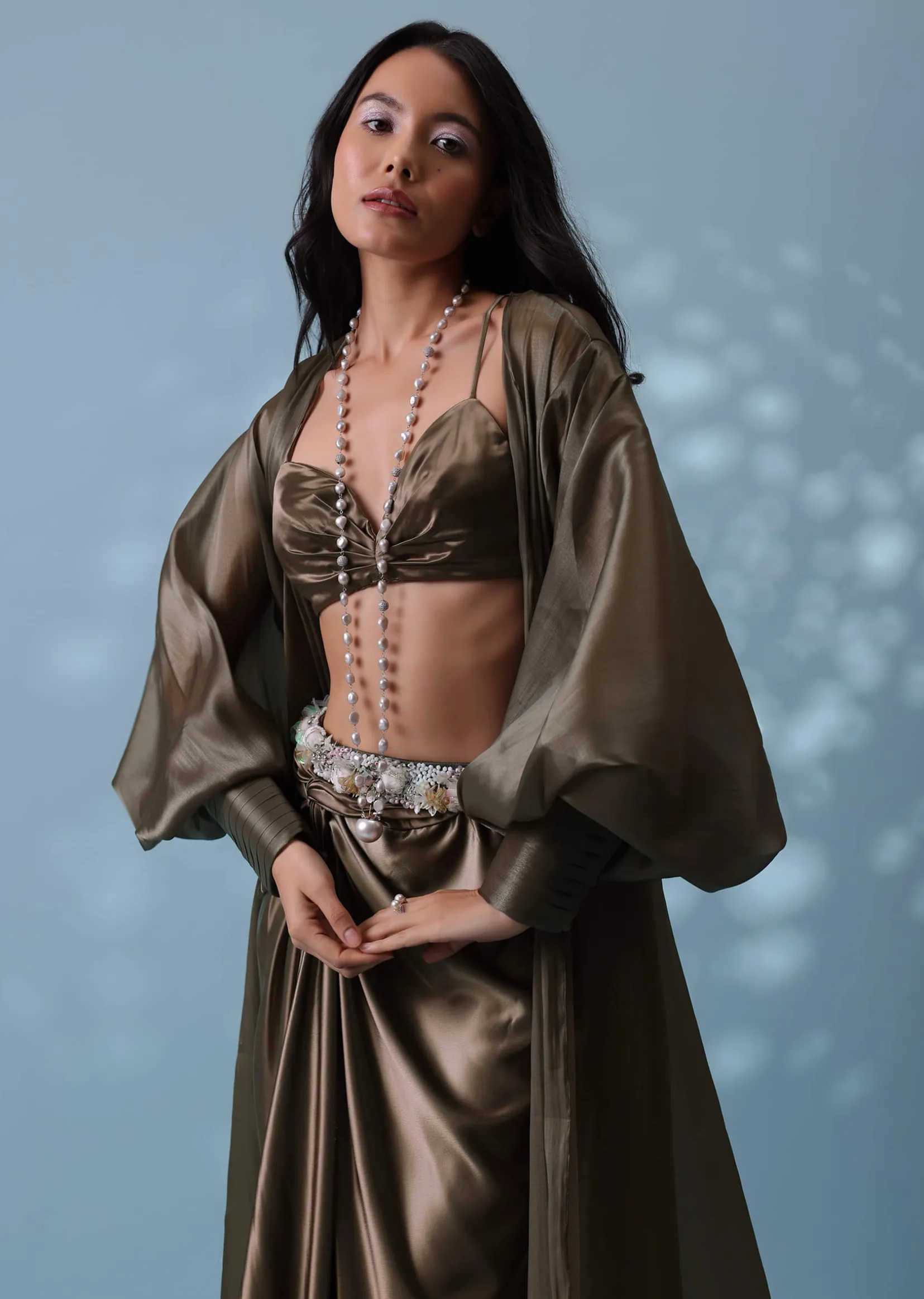 Chocolate Brown Indowestern Skirt Set With Jacket In Milano Organza