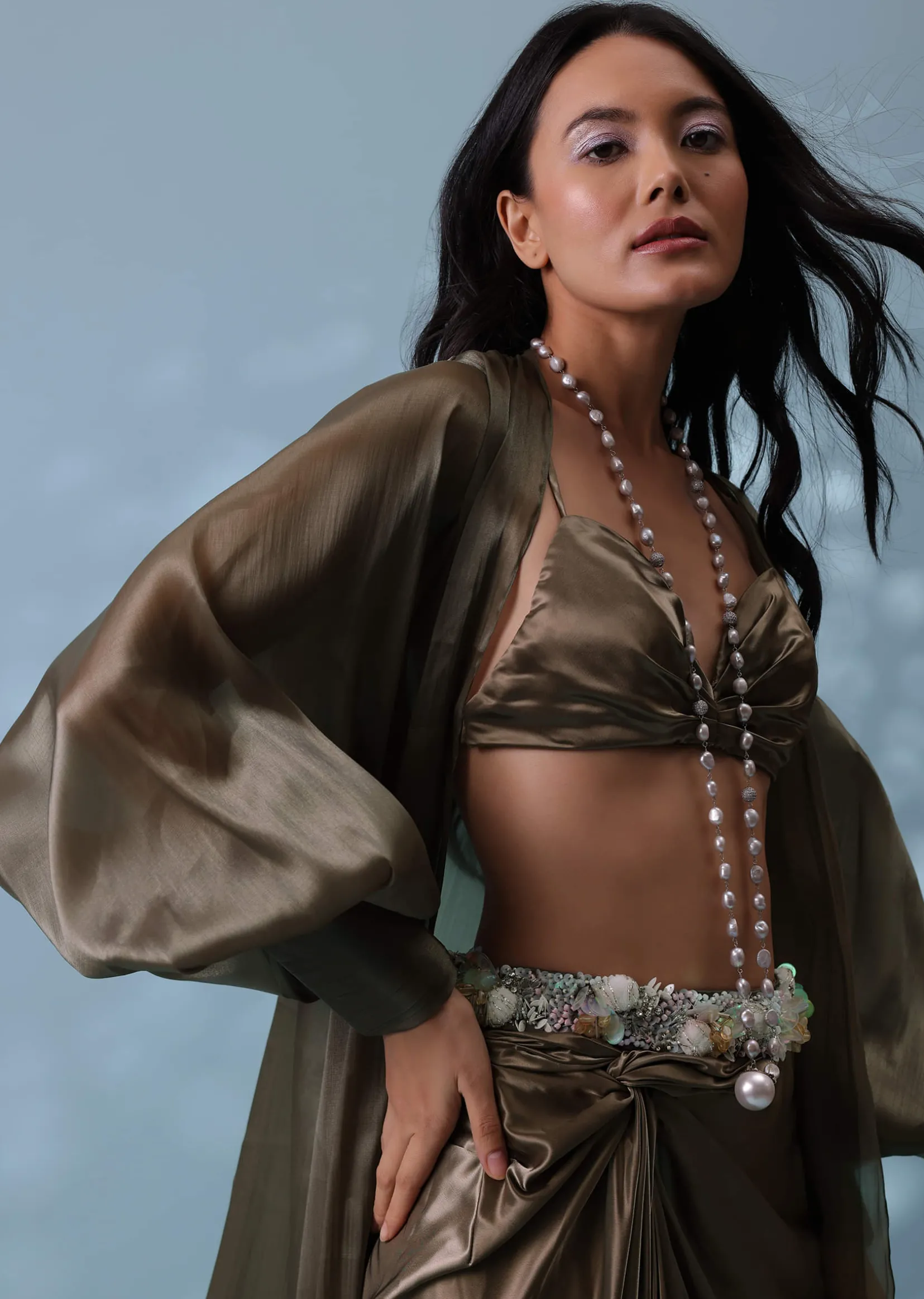 Chocolate Brown Indowestern Skirt Set With Jacket In Milano Organza