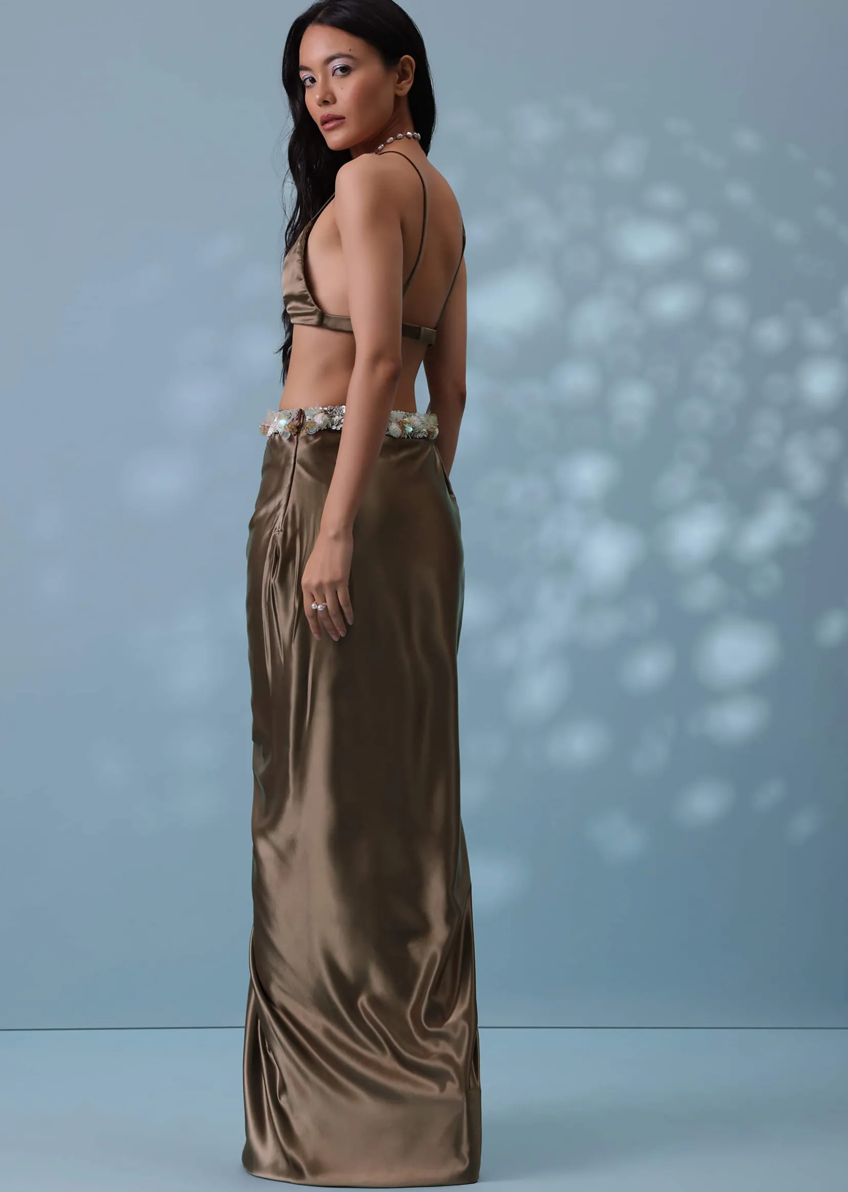 Chocolate Brown Indowestern Skirt Set With Jacket In Milano Organza
