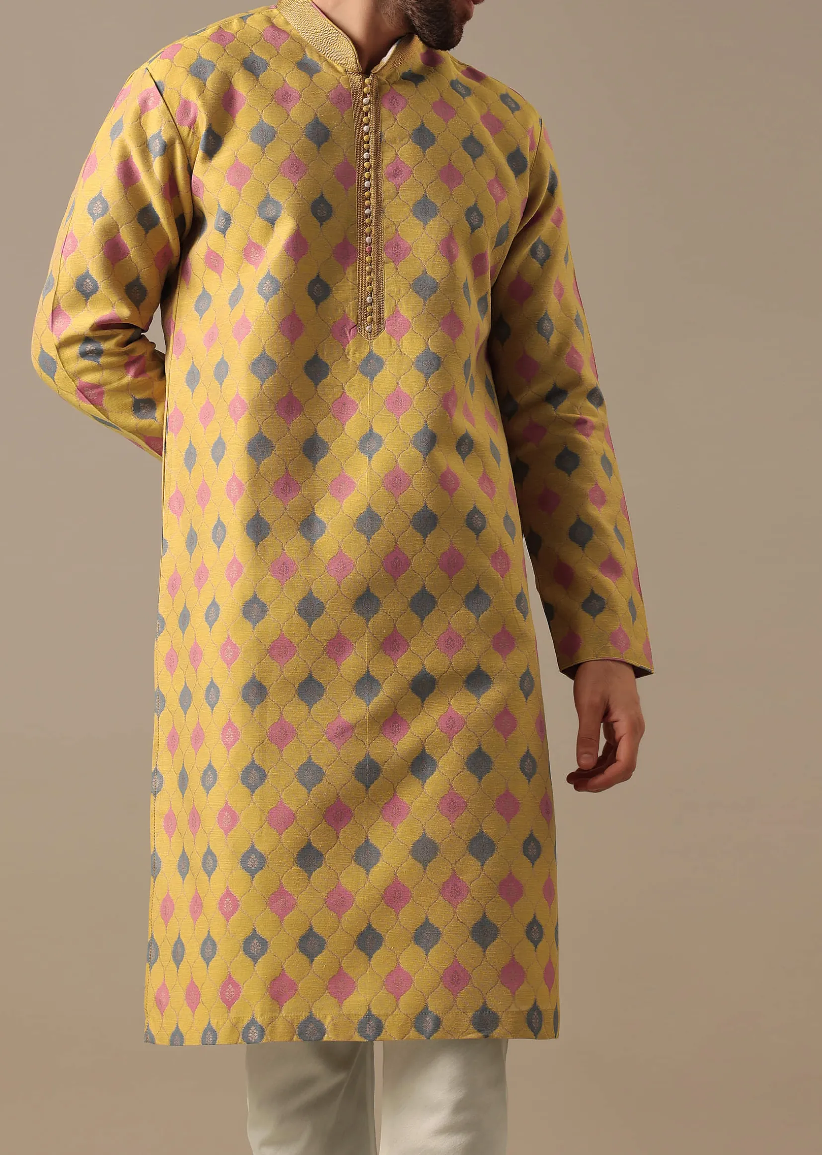 Chrome Yellow Embroidered Kurta Set in Jacquard