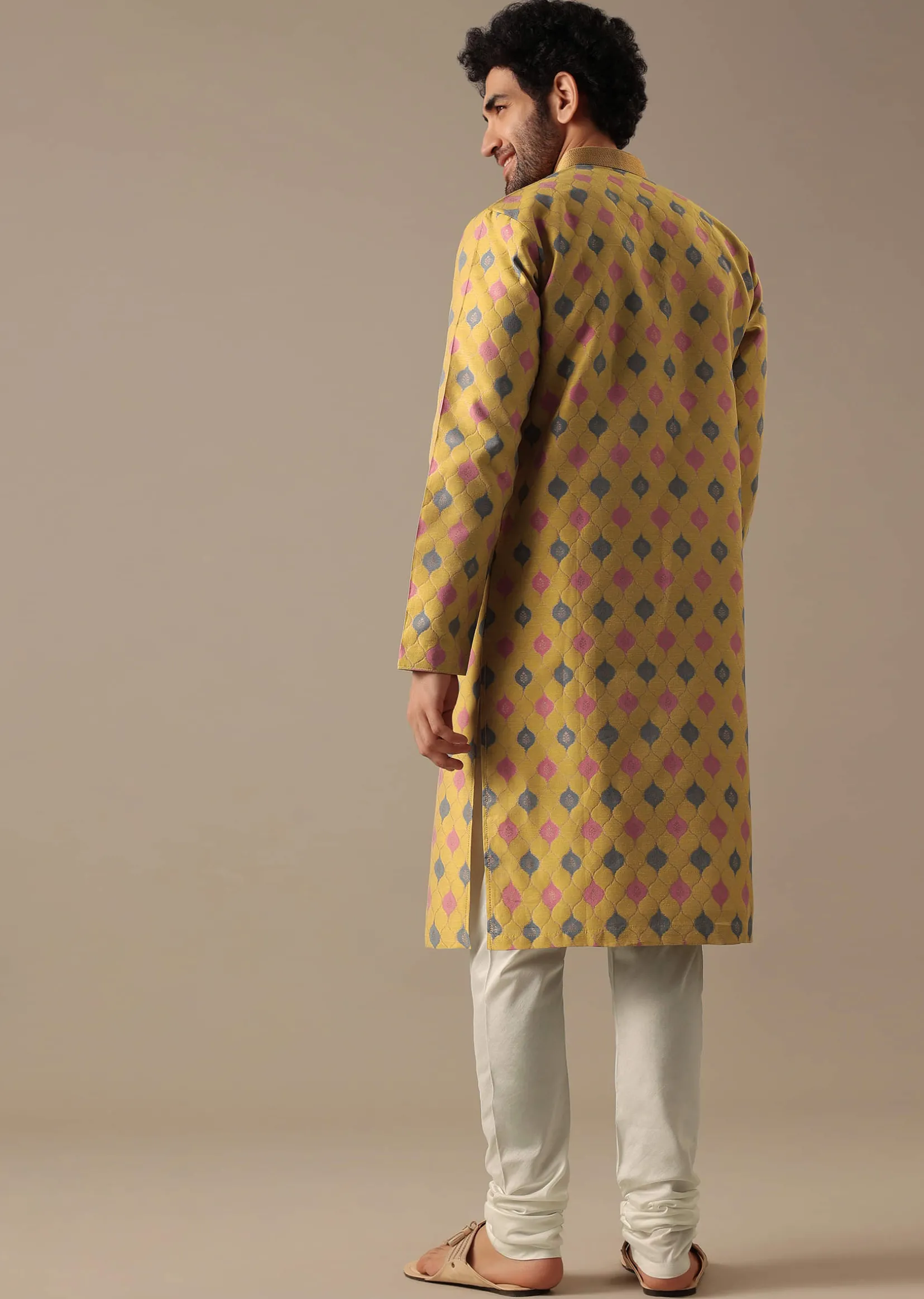 Chrome Yellow Embroidered Kurta Set in Jacquard