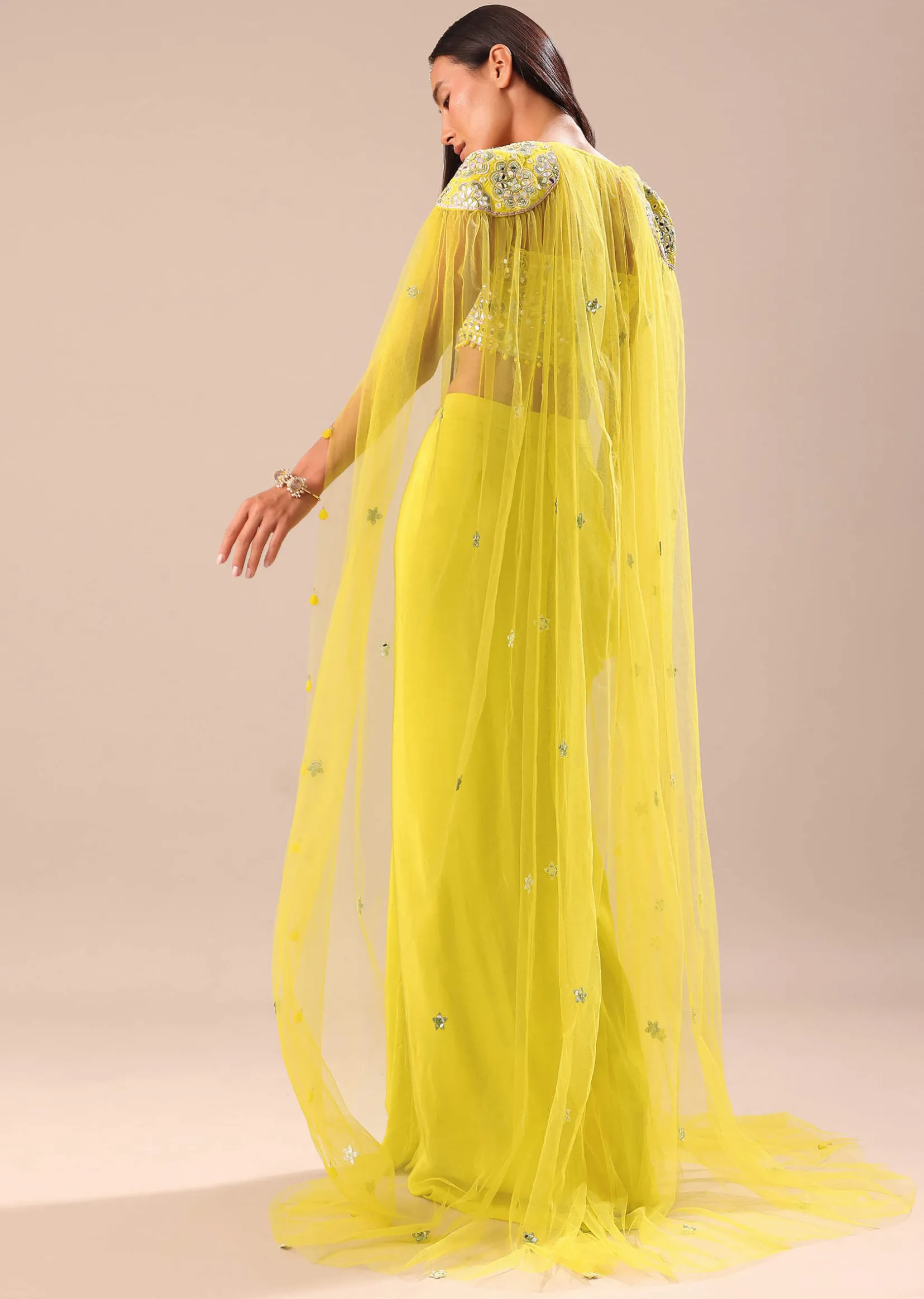 Citrus Green Draped Skirt With Embroidered Blouse And Cape