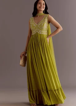 Citrus Green Embroidered Georgette Anarkali With Choker Dupatta
