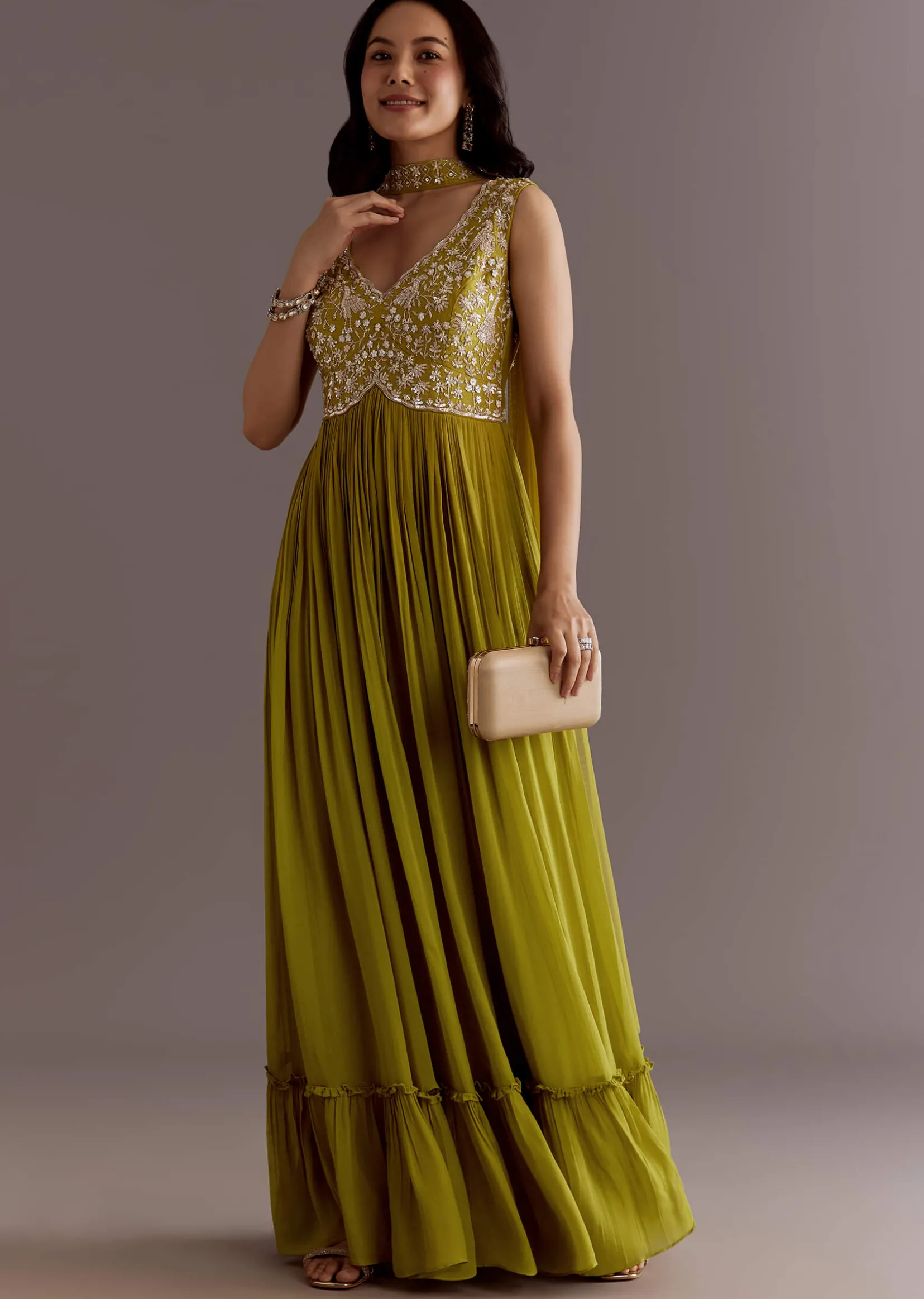 Citrus Green Embroidered Georgette Anarkali With Choker Dupatta