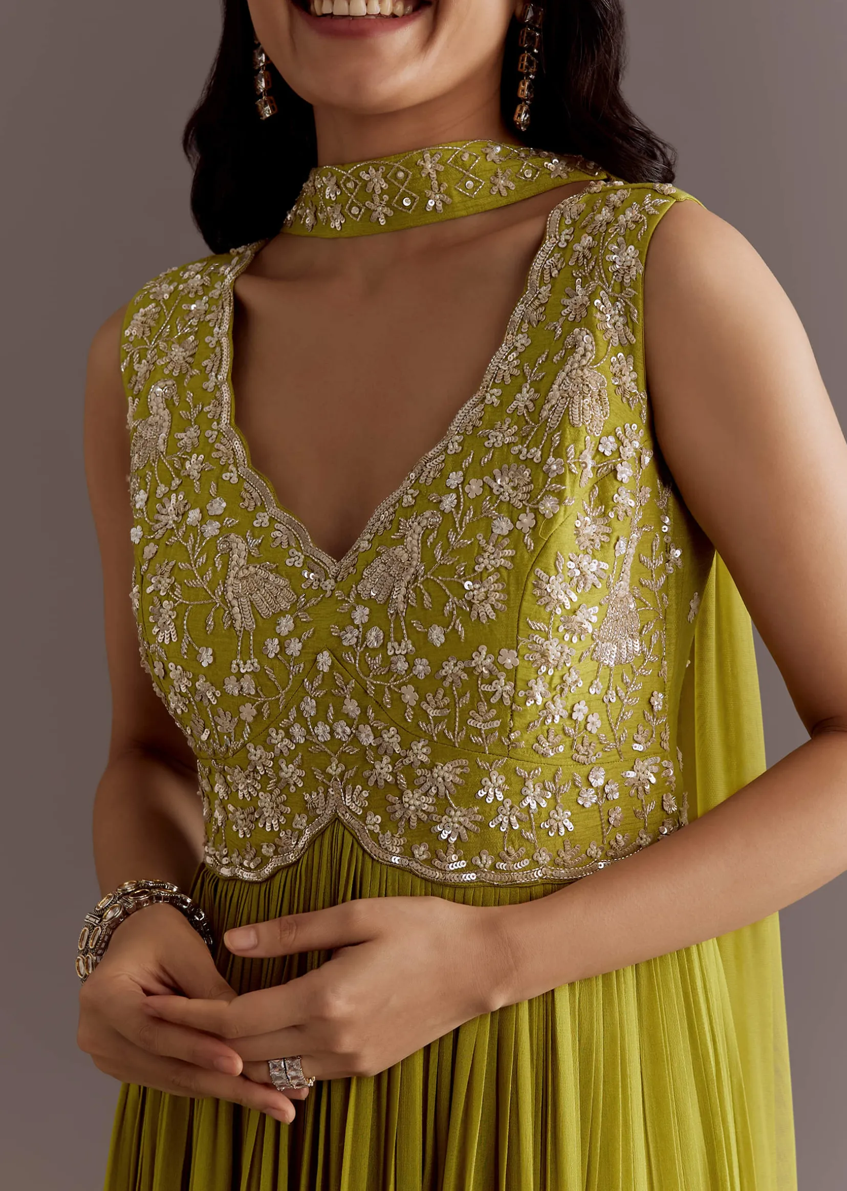 Citrus Green Embroidered Georgette Anarkali With Choker Dupatta
