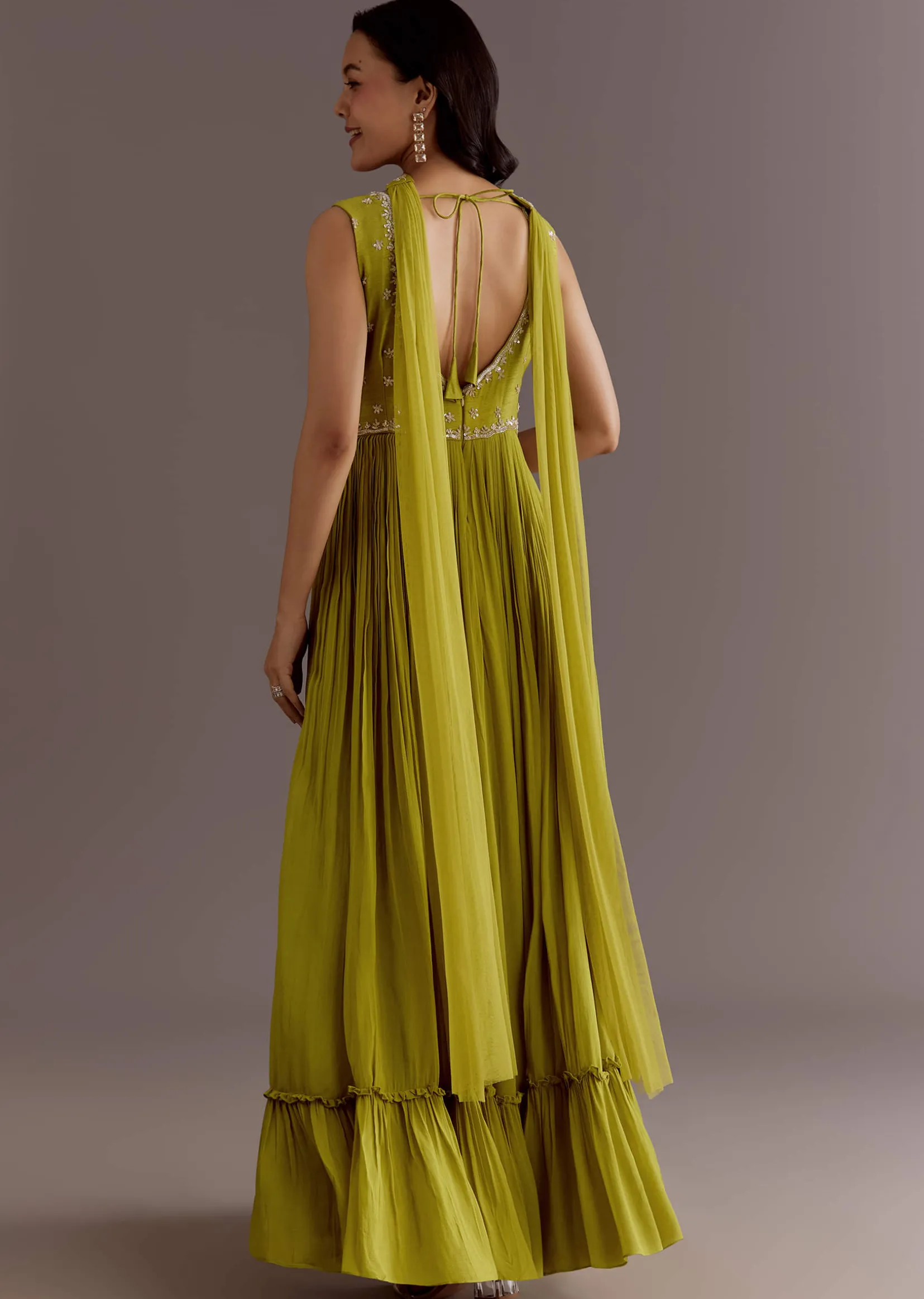 Citrus Green Embroidered Georgette Anarkali With Choker Dupatta