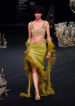 Citrus Green Feathered Dhoti Skirt And Blouse Set