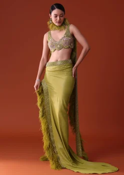 Citrus Green Feathered Dhoti Skirt And Blouse Set