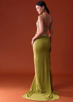 Citrus Green Feathered Dhoti Skirt And Blouse Set