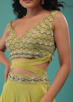 Citrus Green Flared Palazzo And A Crop Top Set, Crafted In Crepe With A Side Zip Closure