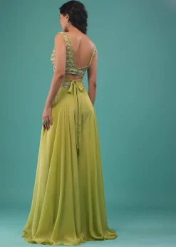 Citrus Green Flared Palazzo And A Crop Top Set, Crafted In Crepe With A Side Zip Closure