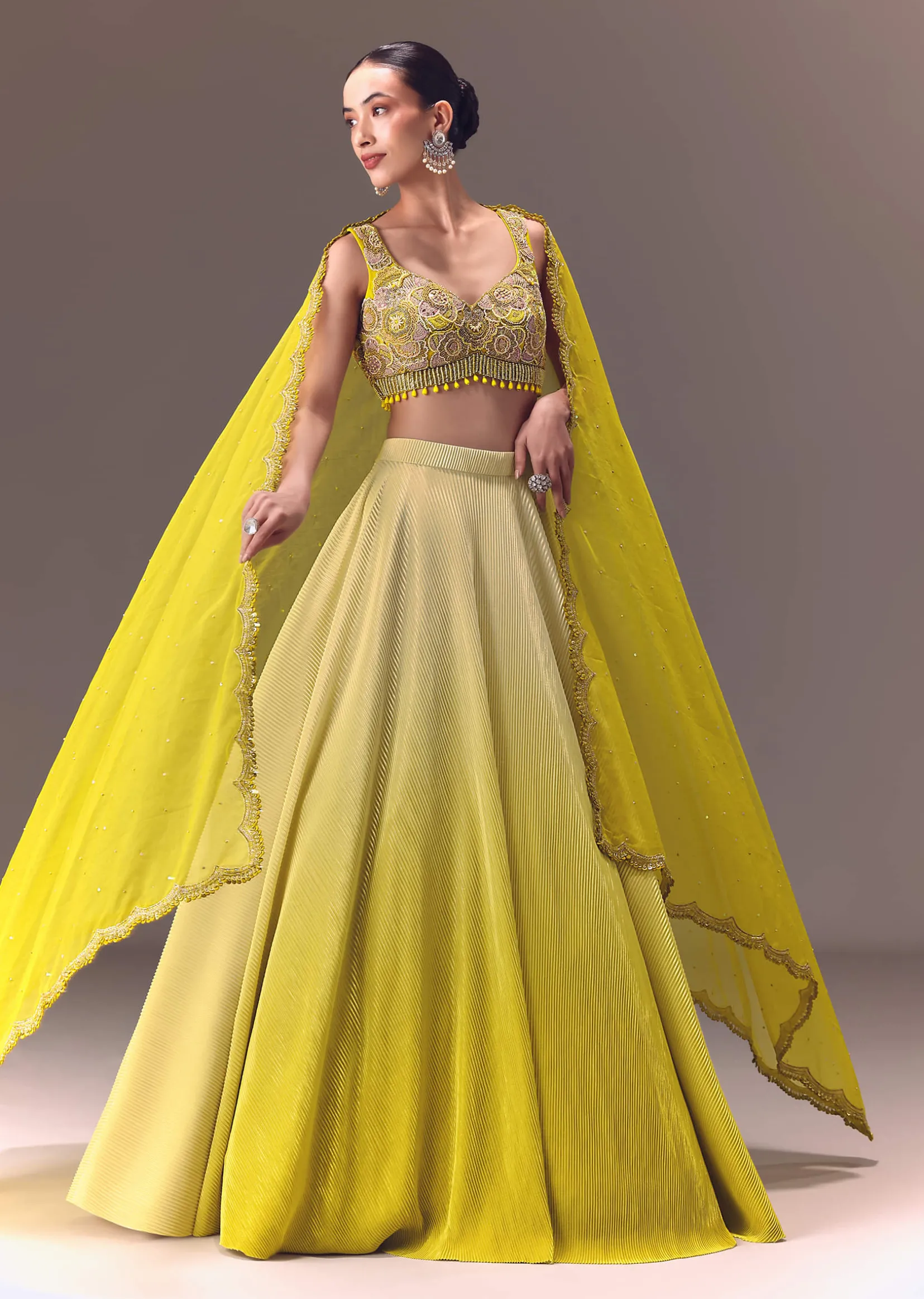 Citrus Green Ombre Crushed Lehenga Set With Organza Dupatta