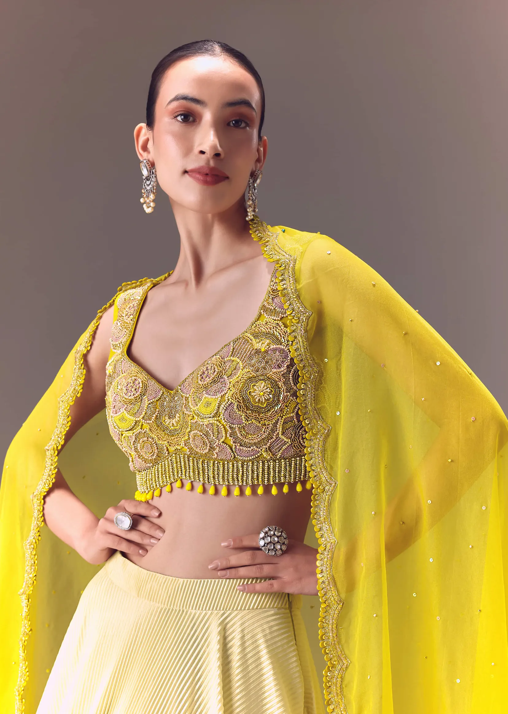 Citrus Green Ombre Crushed Lehenga Set With Organza Dupatta