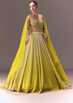 Citrus Green Ombre Crushed Lehenga Set With Organza Dupatta